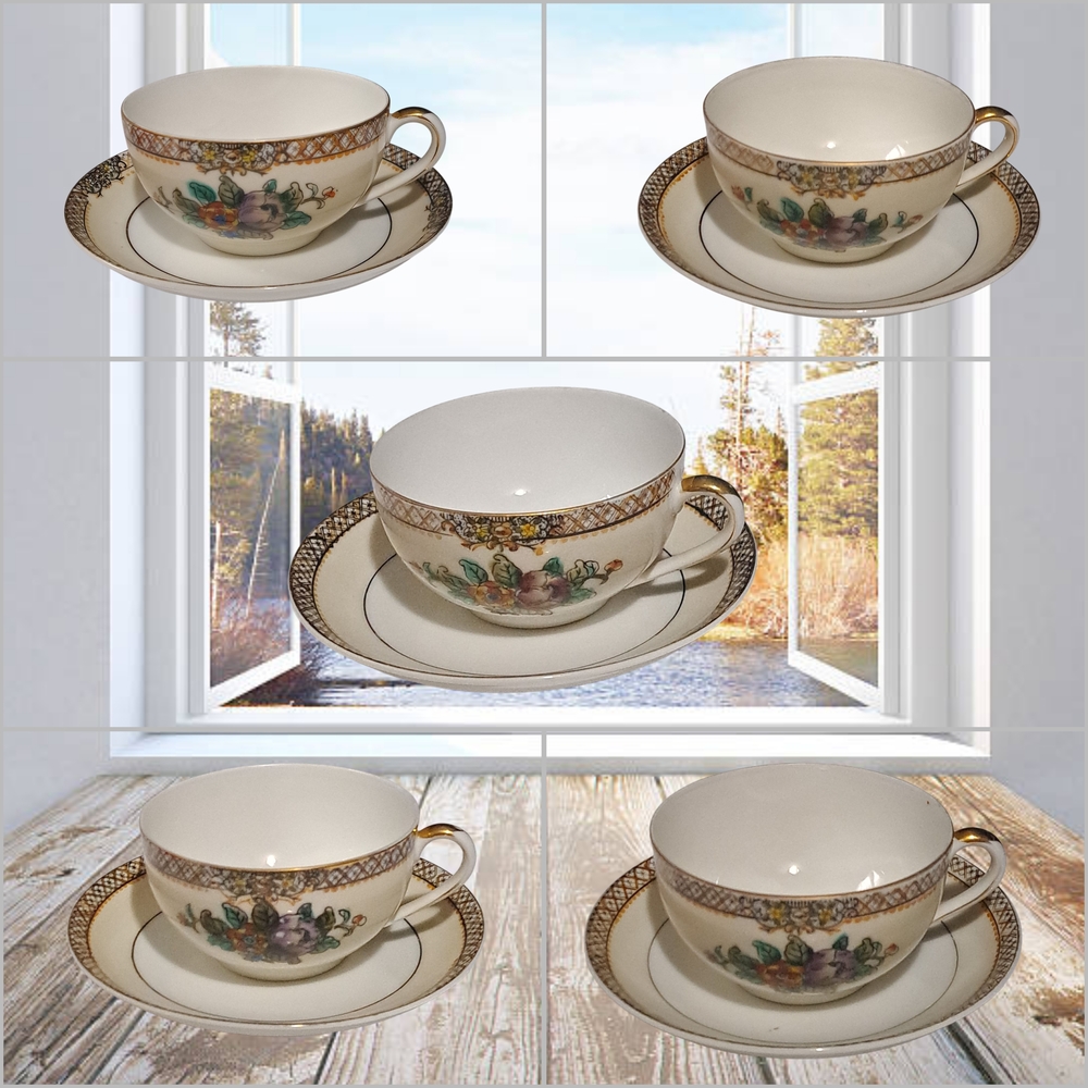 Elegant Noritake Floral Wide Mouth Teacup and Saucer Set (5 sets)